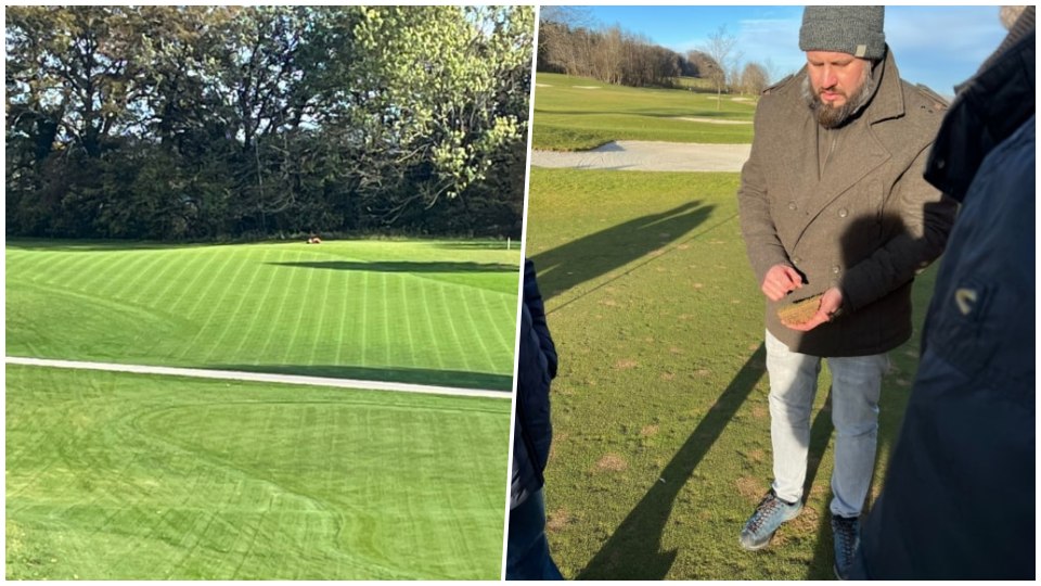 Das Mähbild überzeugt die Besitzer I Headgreenkeeper Thorsten Cramer bei der Qualitätsprüfung der Rasentragschicht
