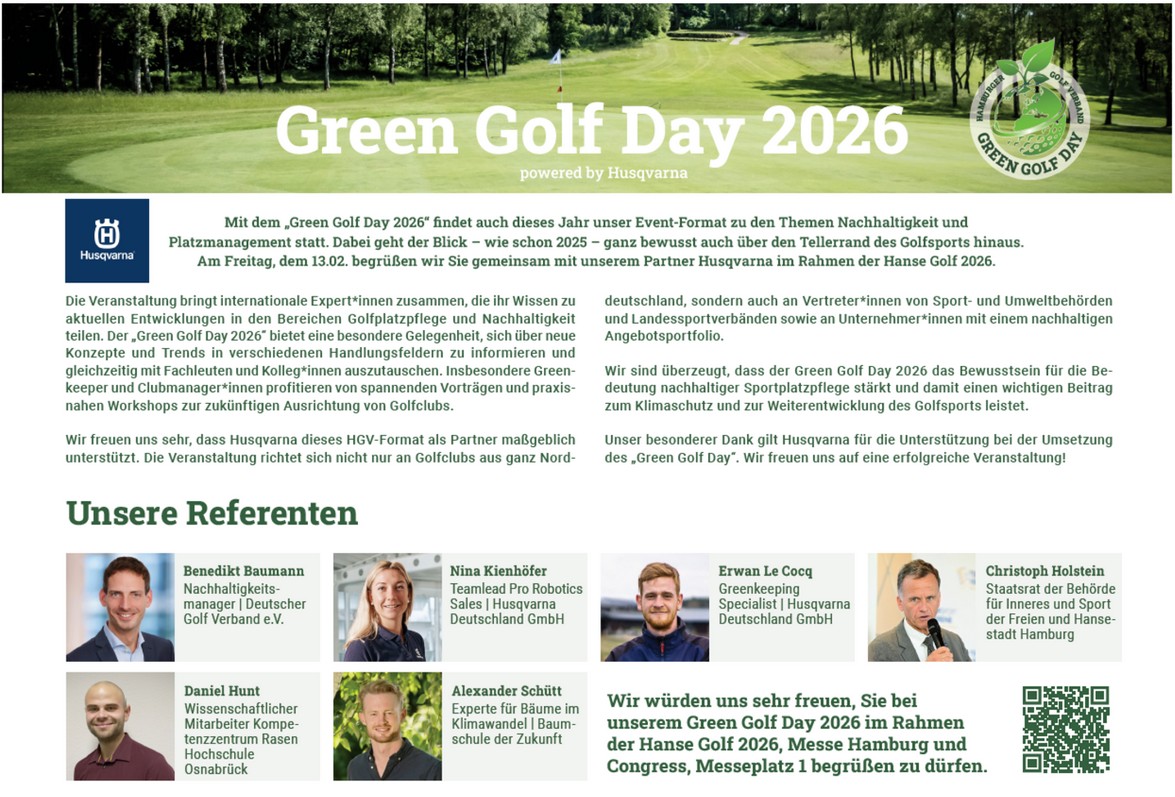 Beim Green Golf Day 2026 referieren Experten zu den neuesten Entwicklungen in den Bereichen Golfplatzpflege und Nachhaltigkeit.