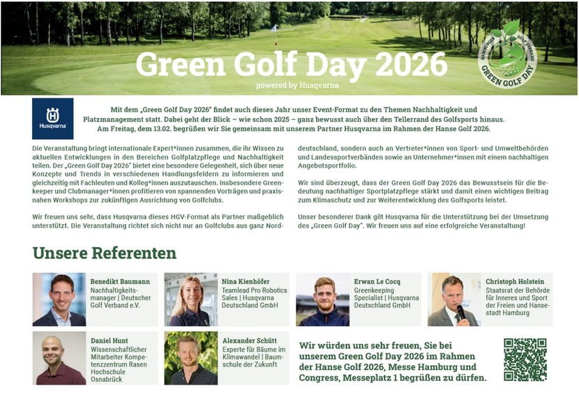 Beim Green Golf Day 2026 referieren Experten zu den neuesten Entwicklungen in den Bereichen Golfplatzpflege und Nachhaltigkeit.
