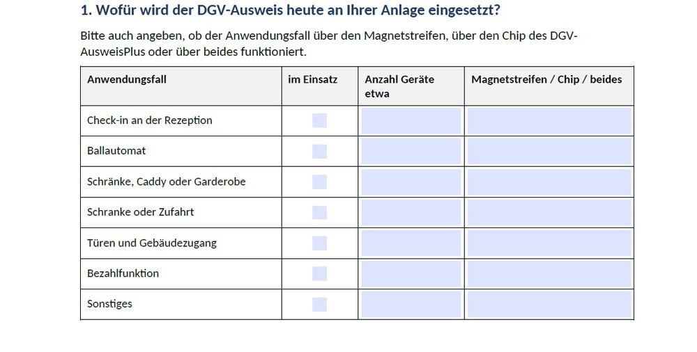 Umfrage zur Nutzung technische Anlagen in Zusammenhang mit dem DGV-Ausweisplus