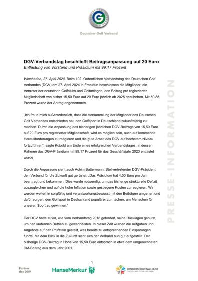 DGV-Verbandstag beschließt Beitragsanpassung auf 20 Euro