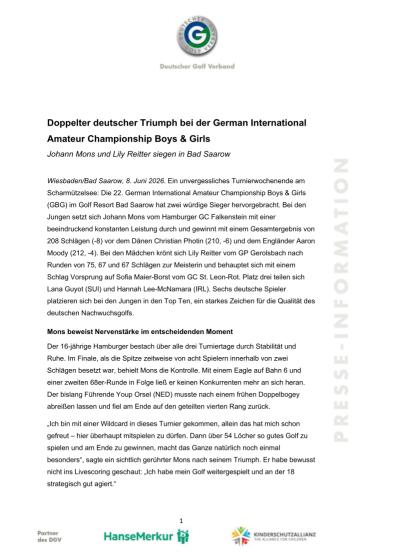 PM 26-06-08 Doppelter deutscher Triumph bei der German International Amateur Championship Boys & Girls
