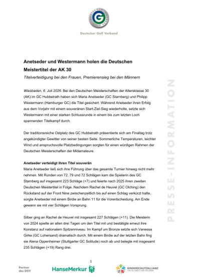 Anetseder und Westermann holen die Deutschen Meistertitel der AK 30
