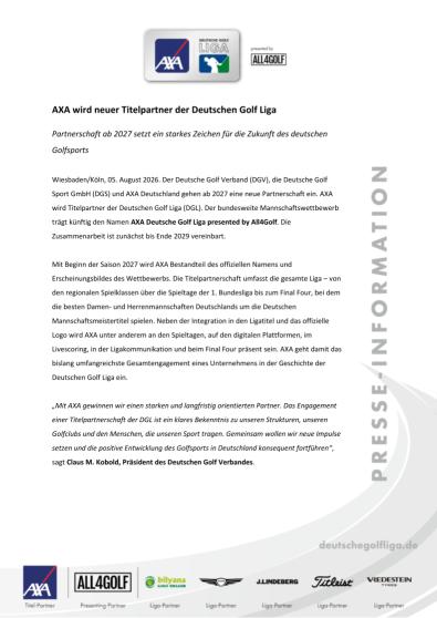 AXA wird neuer Titelpartner der Deutschen Golf Liga