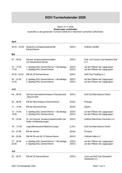 Vorläufiger Turnierkalender 2026