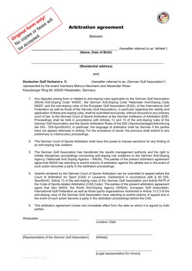 Schiedsvereinbarung Kaderathleten Wettkampfteilnehmer (ENG)